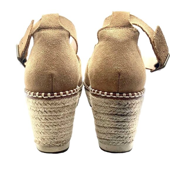 Boho Tan Suede Scalloped Jute Espadrille Wedge Sandals 8.5 Ankle Strap Festival - Picture 6 of 9